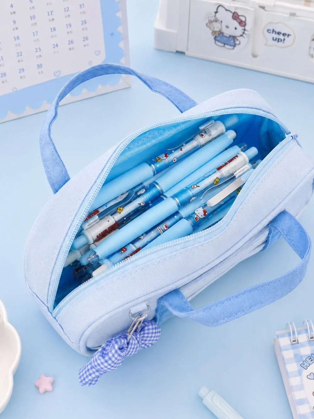 Hello Kitty Blue Pencil Carry Case with Gingham Bow